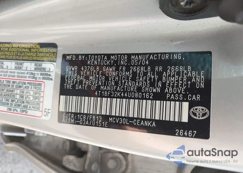 2004 Toyota Camry Le V6 from USA, damaged, VIN 4T1BF32K44U080162